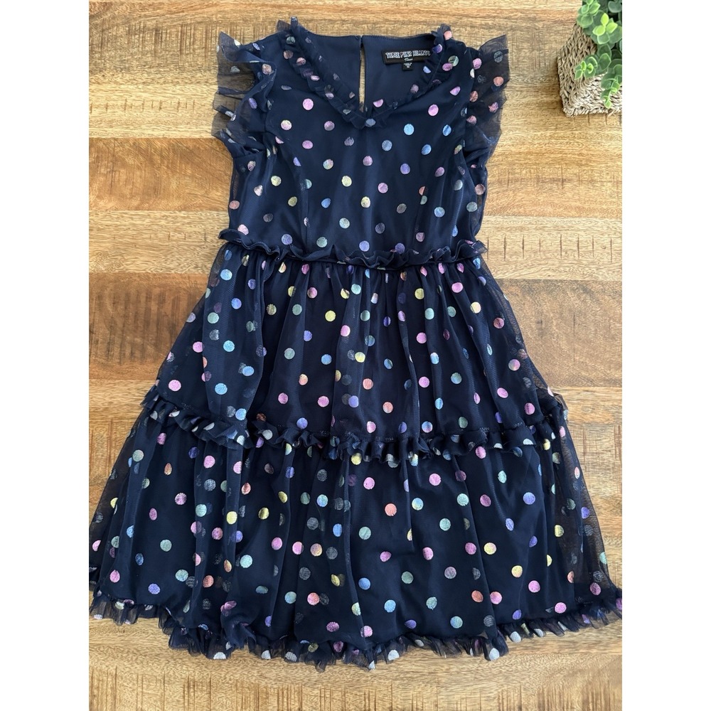 Girls Twirl Dress Medium 7 8 Navy Tulle Polka Dot Ruffle Tiered Party Holiday